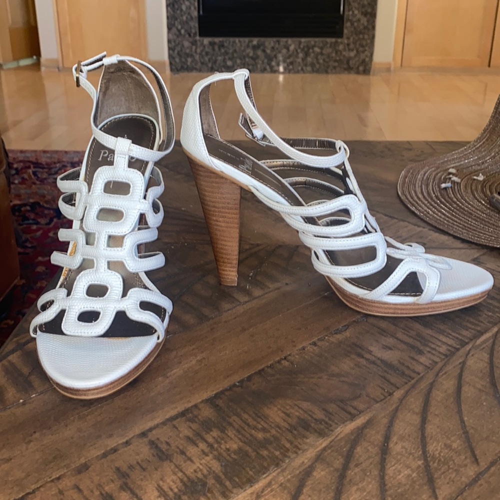 Linea Paolo White Cage Heel Sandals